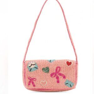 Handcrafted in India Beaded Shoulder Bag Pink Love Letters Hearts Ribbons NWT